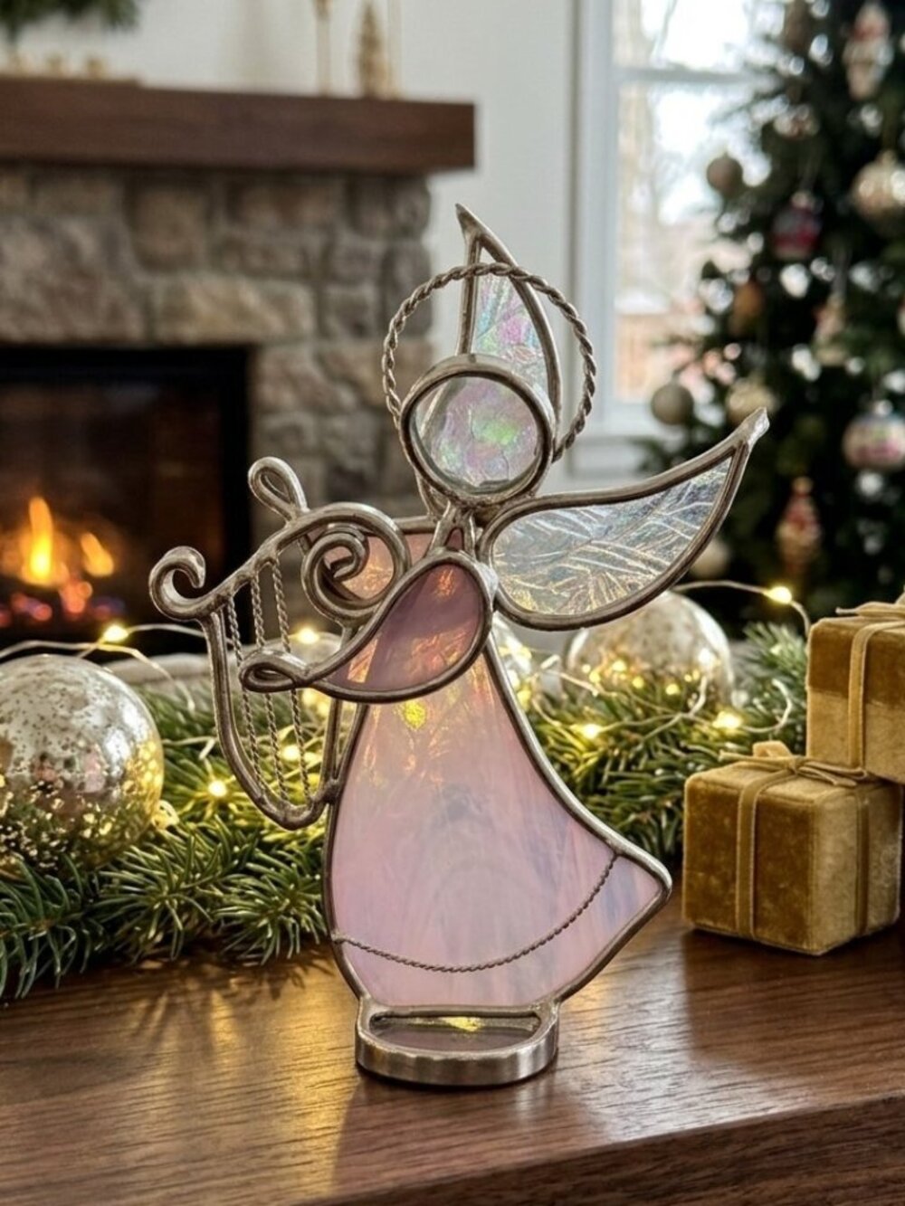 Stained Glass Pink Angel Playing Harp Figurine